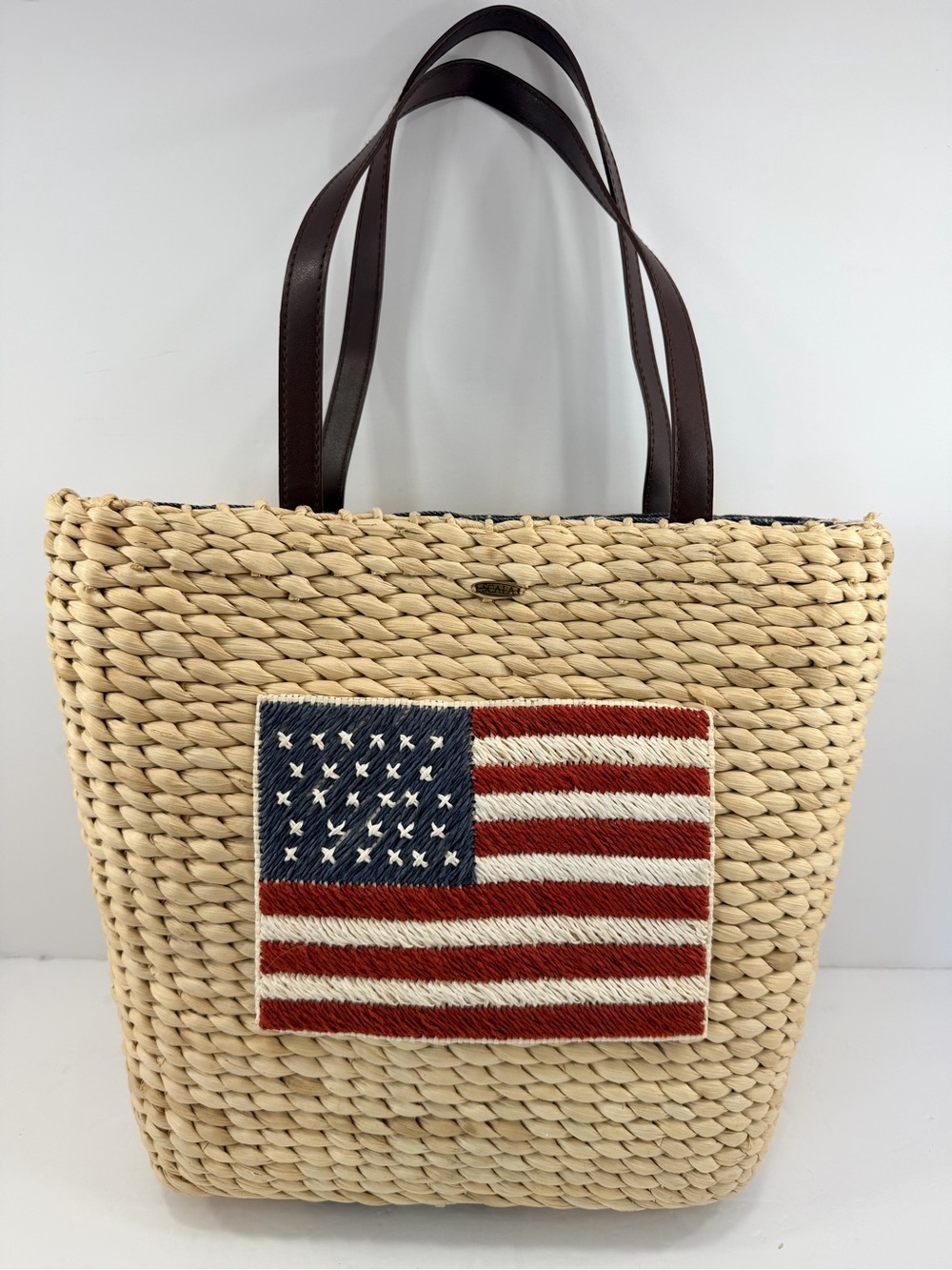 Vintage Scala Collezione Handcrafted Straw American Flag Patriotic Tote Bag